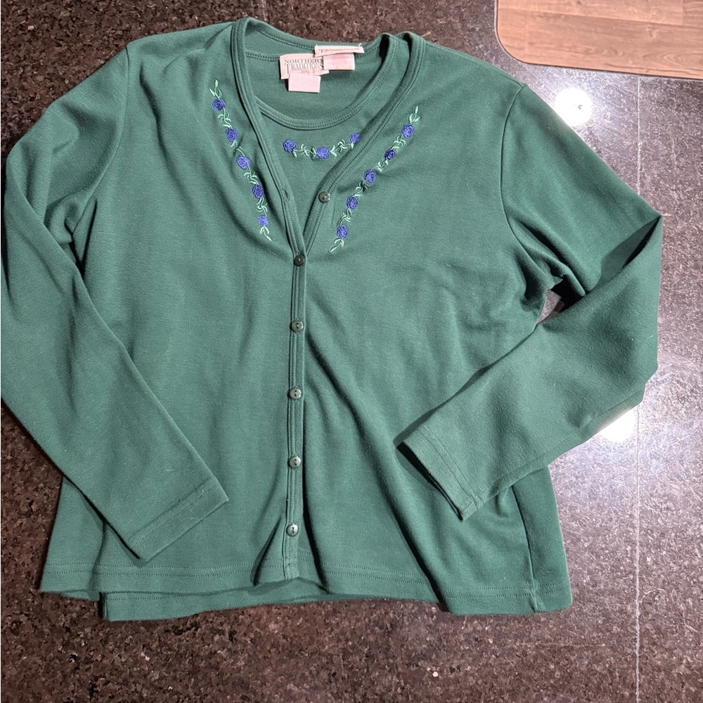 northern Traditions Floral Embroidered Green Cardigan with matching Shirt